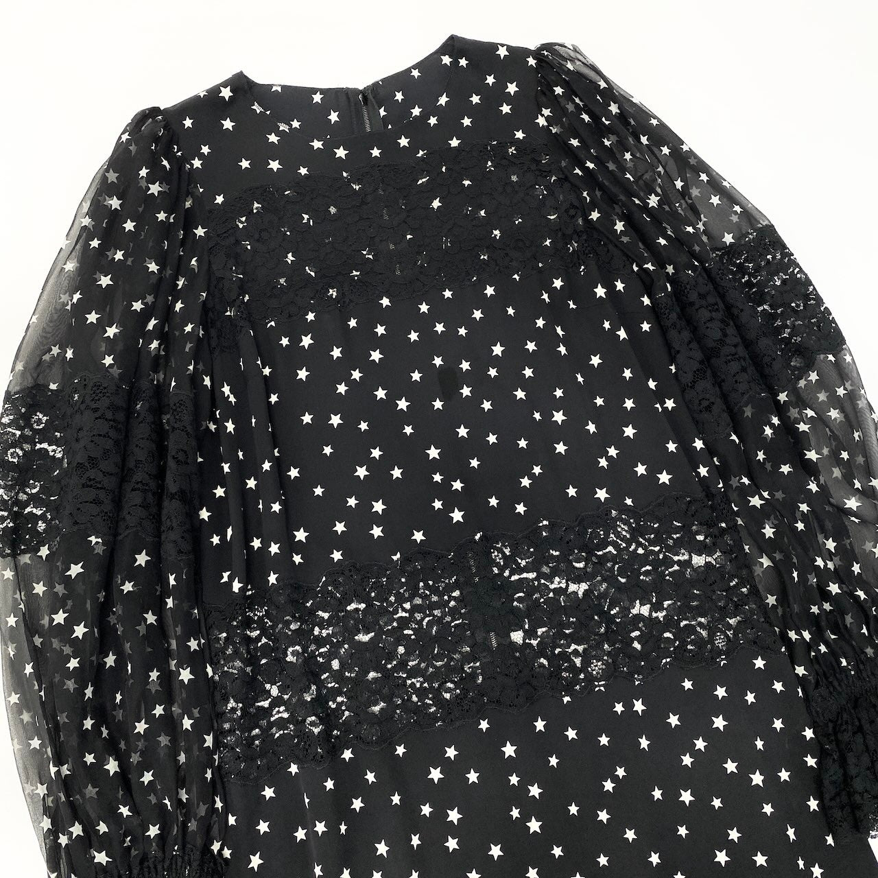 50e8 DOLCE&GABBANA  ドルチェアンドガッバーナ レース切替 スタープリント ワンピース 星柄 シアー ドレスワンピース パフスリーブ サイズ38 ブラック レディース 女性用u02t