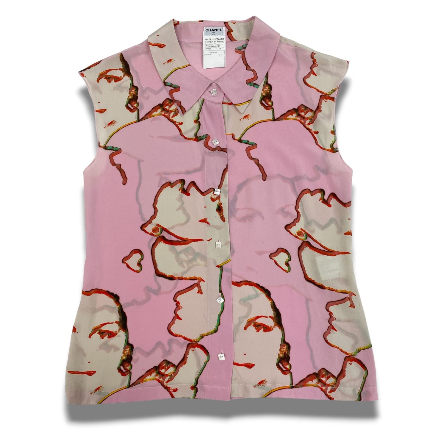 b23 CHANEL シャネル 1999年 99P ネクタイ付き ノースリーブ シルクブラウス サイズ38 ピンク シルク100％ レディース トップスta1