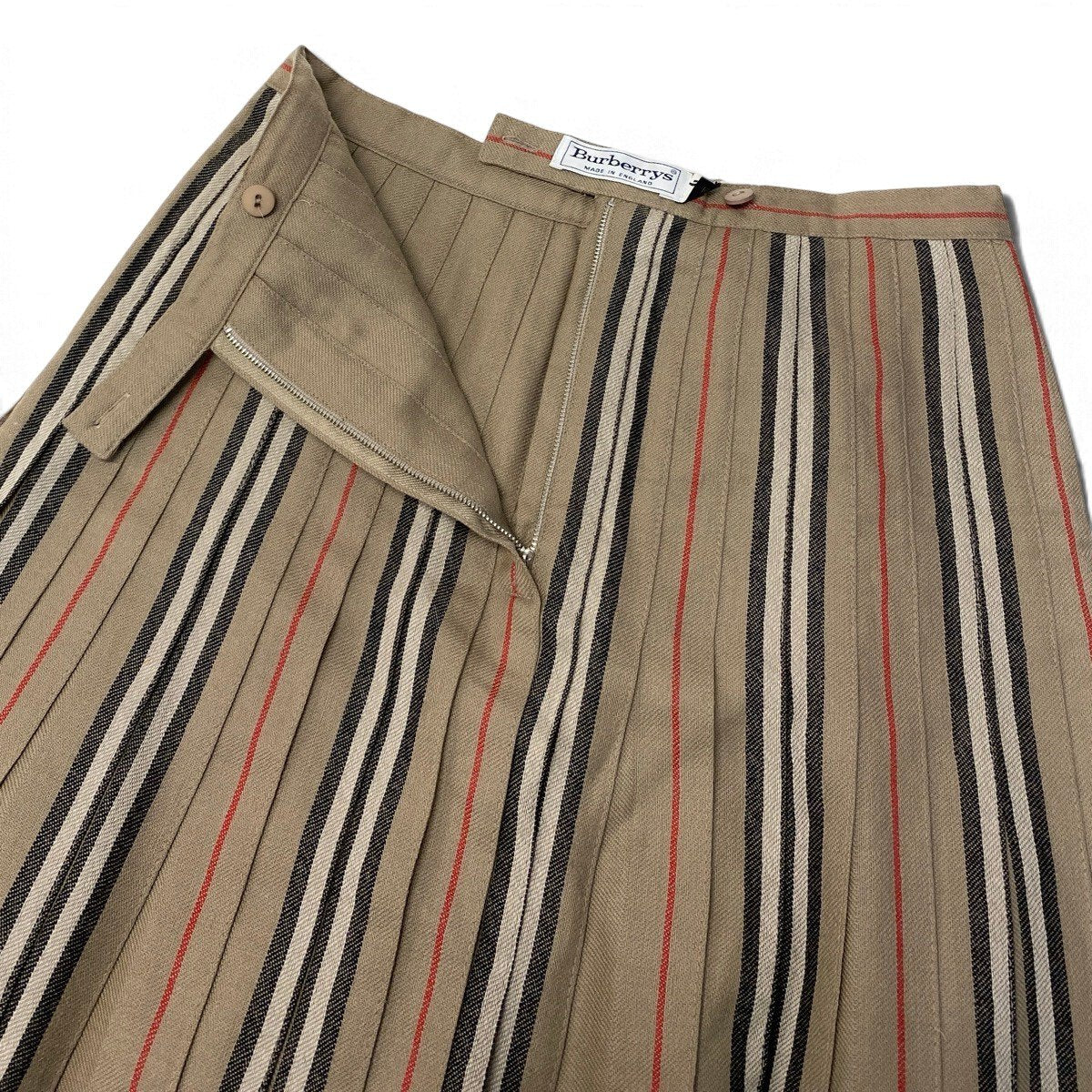 Ii27 BURBERRY バーバリー プリーツ ギャザースカート ボトムス ノバチェック ストライプ MADE IN UK 14 ブラウン系 ウール レディースo07t