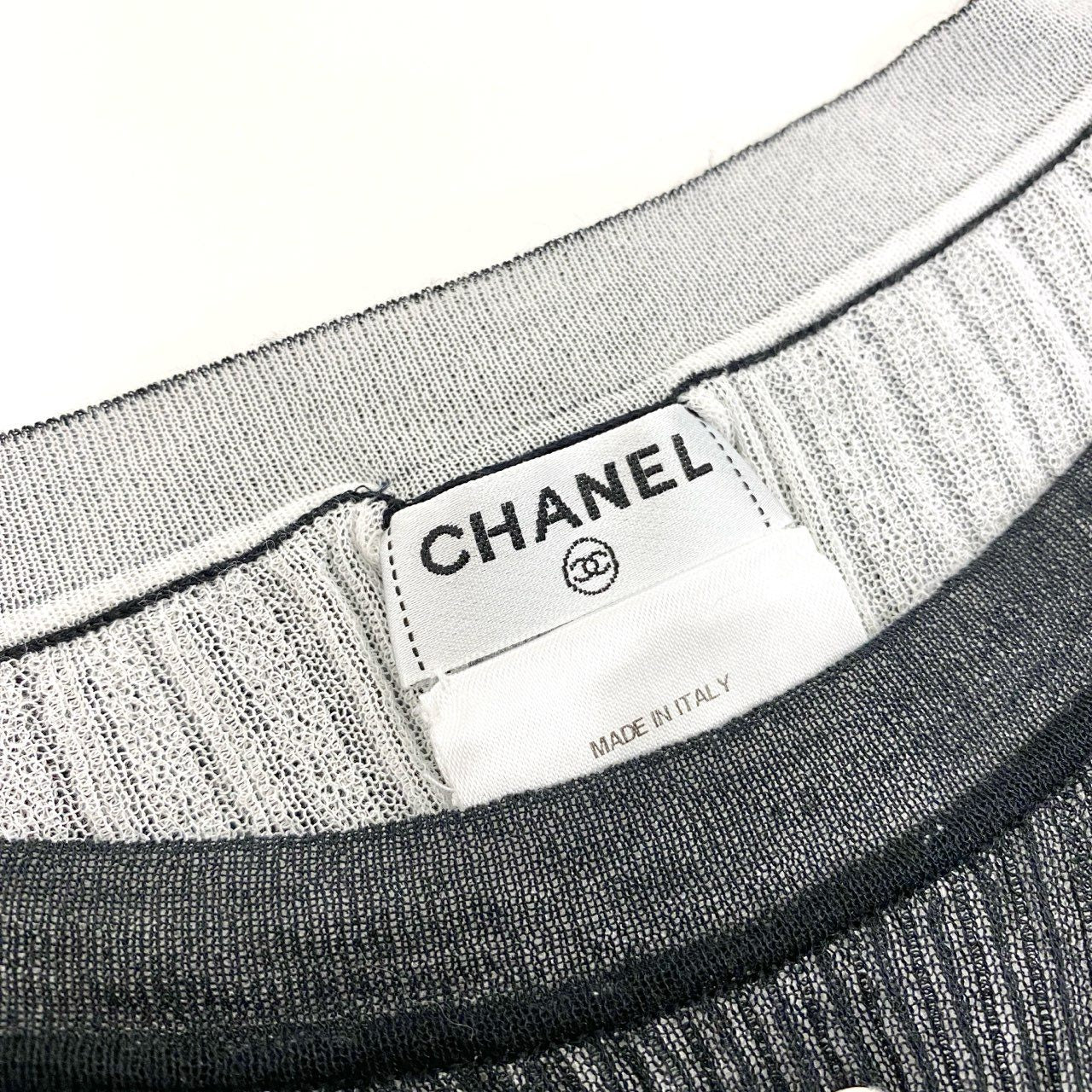 27L1 CHANEL シャネル fフロント ココマーク リバーシブル ニットTシャツ トップス P38434K02612 サイズ34 ネイビー ホワイト レディース カットソー 半袖ニットk02i