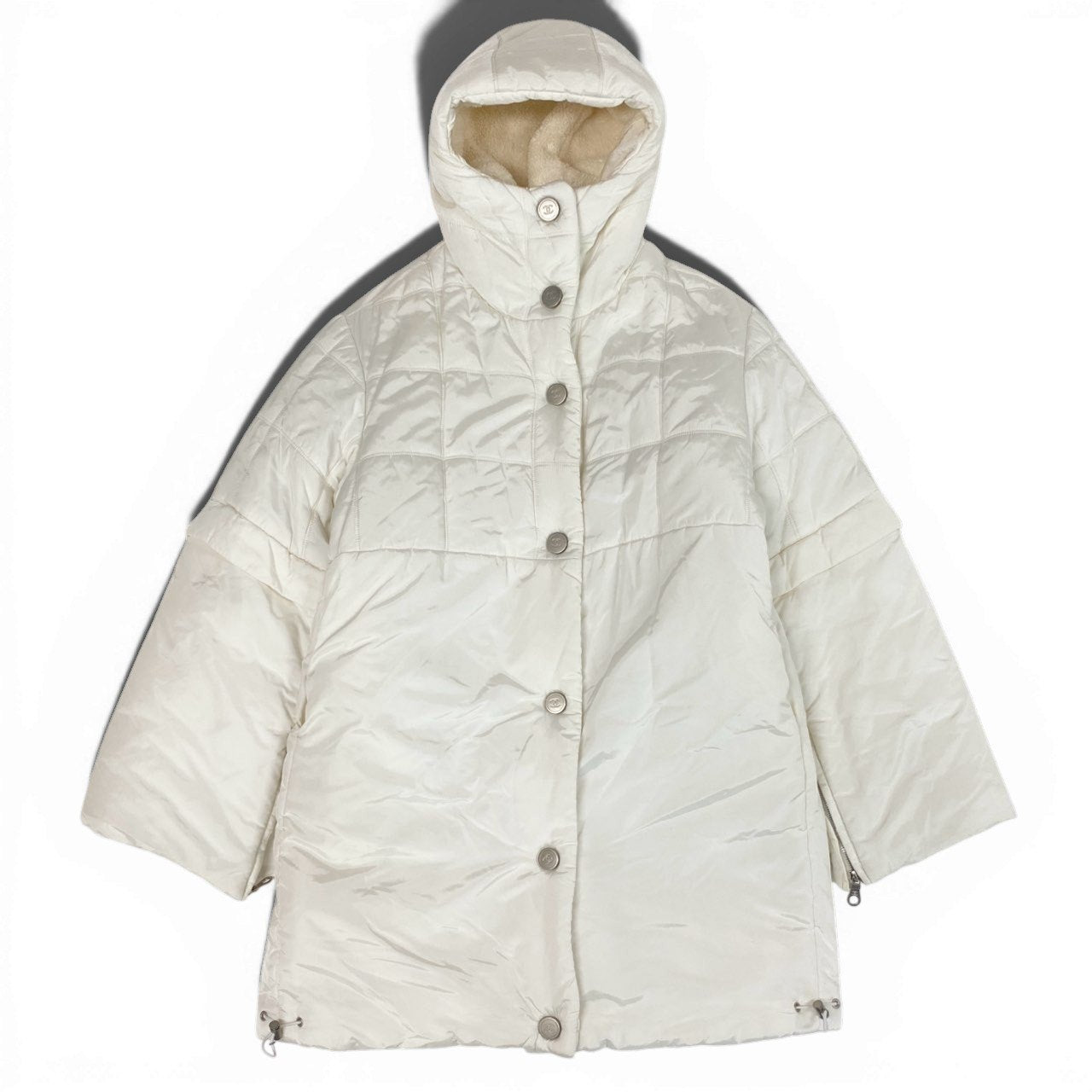 Ab13 CHANEL SPORT シャネル スポーツ 裏地ボア 中綿ロングコート ココマークワッペン フーディー 36サイズ アイボリー レディース 女性用ta1
