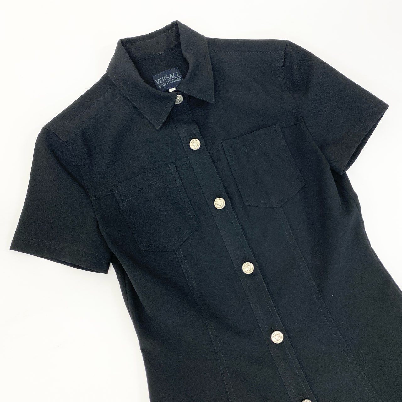 8j10 VERSACE ヴェルサーチ メデューサボタン 半袖ワンピース ドレス イタリア製 42 ブラック レディースo07t