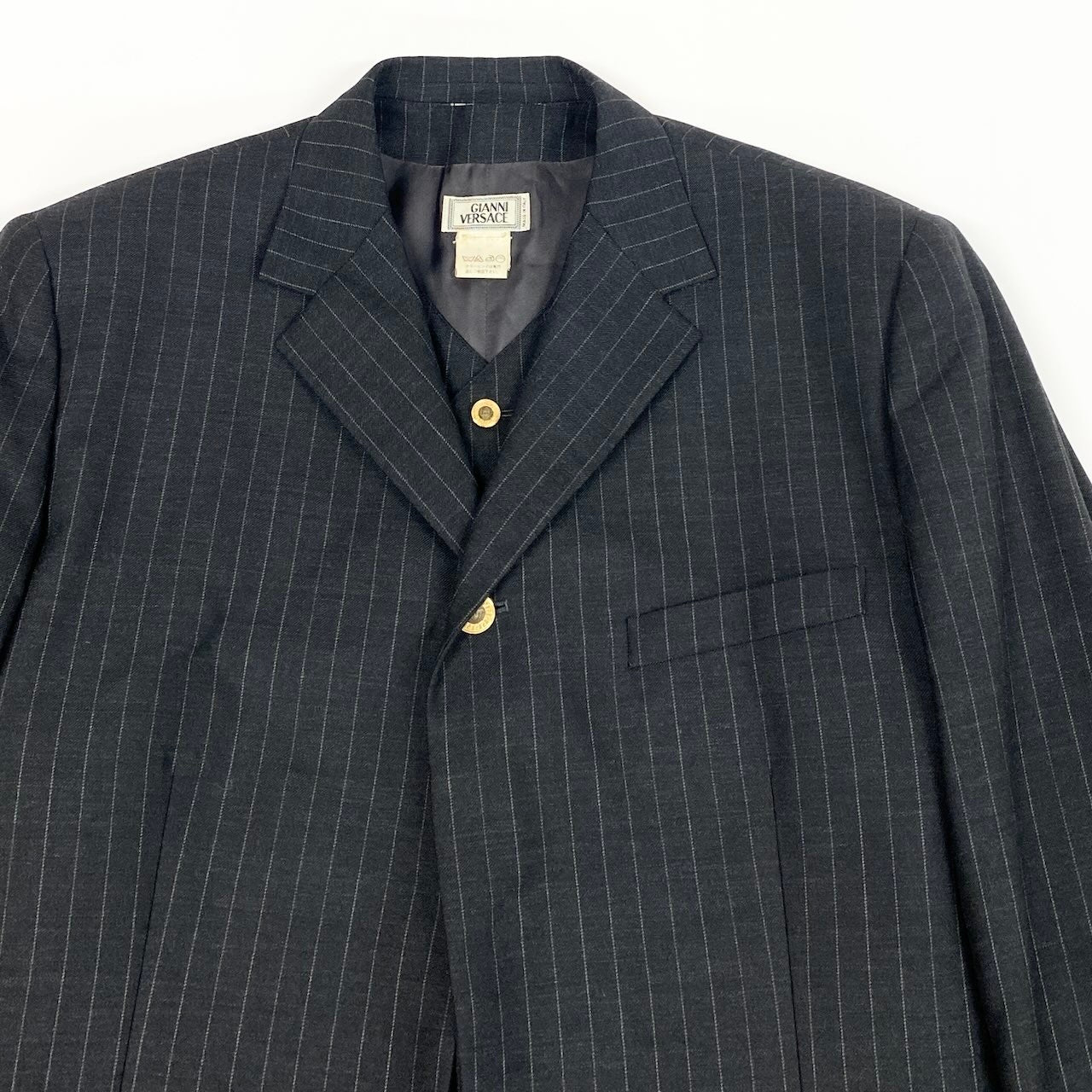 60e1 GIANNI VERSACE ジャンニ ヴェルサーチ テーラードジャケット ジレ セット ストライプ イタリア製 48サイズ グレー系 メンズ 男性用u02t