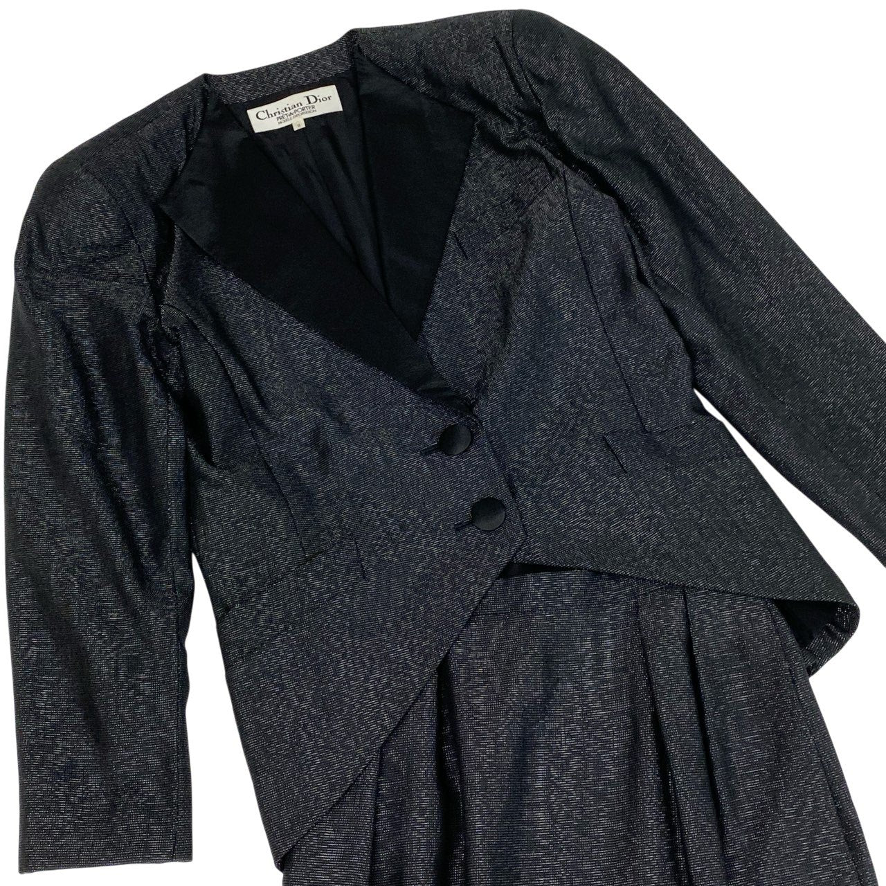 67b3 Vintage Christian Dior クリスチャンディオール セットアップ スカートスーツ 変形 ラメ素材 9 ブラック レディースu02t