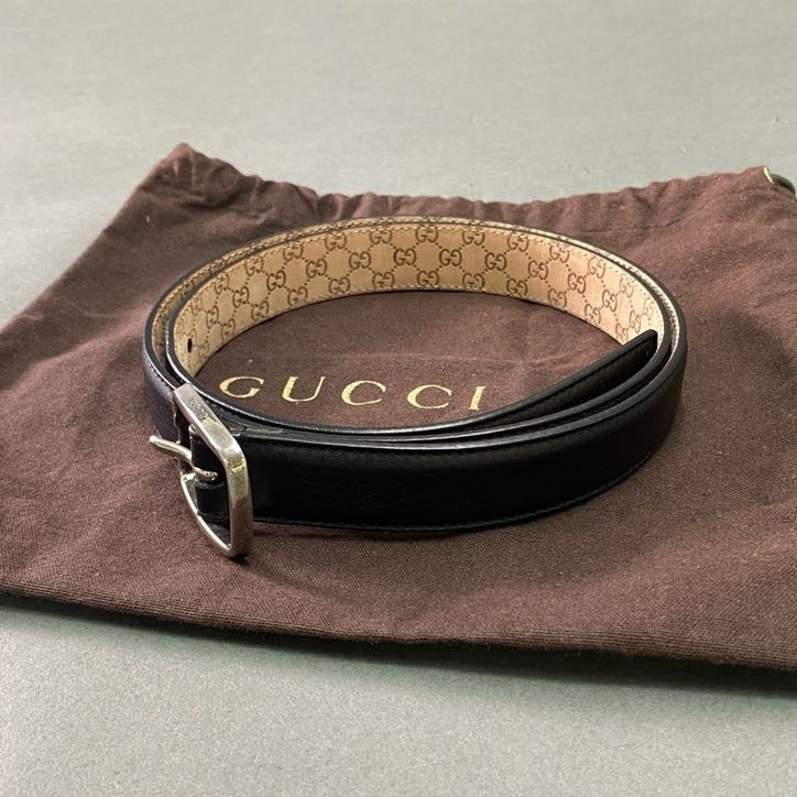 f4② 《美品》 GUCCI グッチ シルバーピンバックル レザーベルト 90・36 ブラック Leather ビジネス オフィス 保存袋