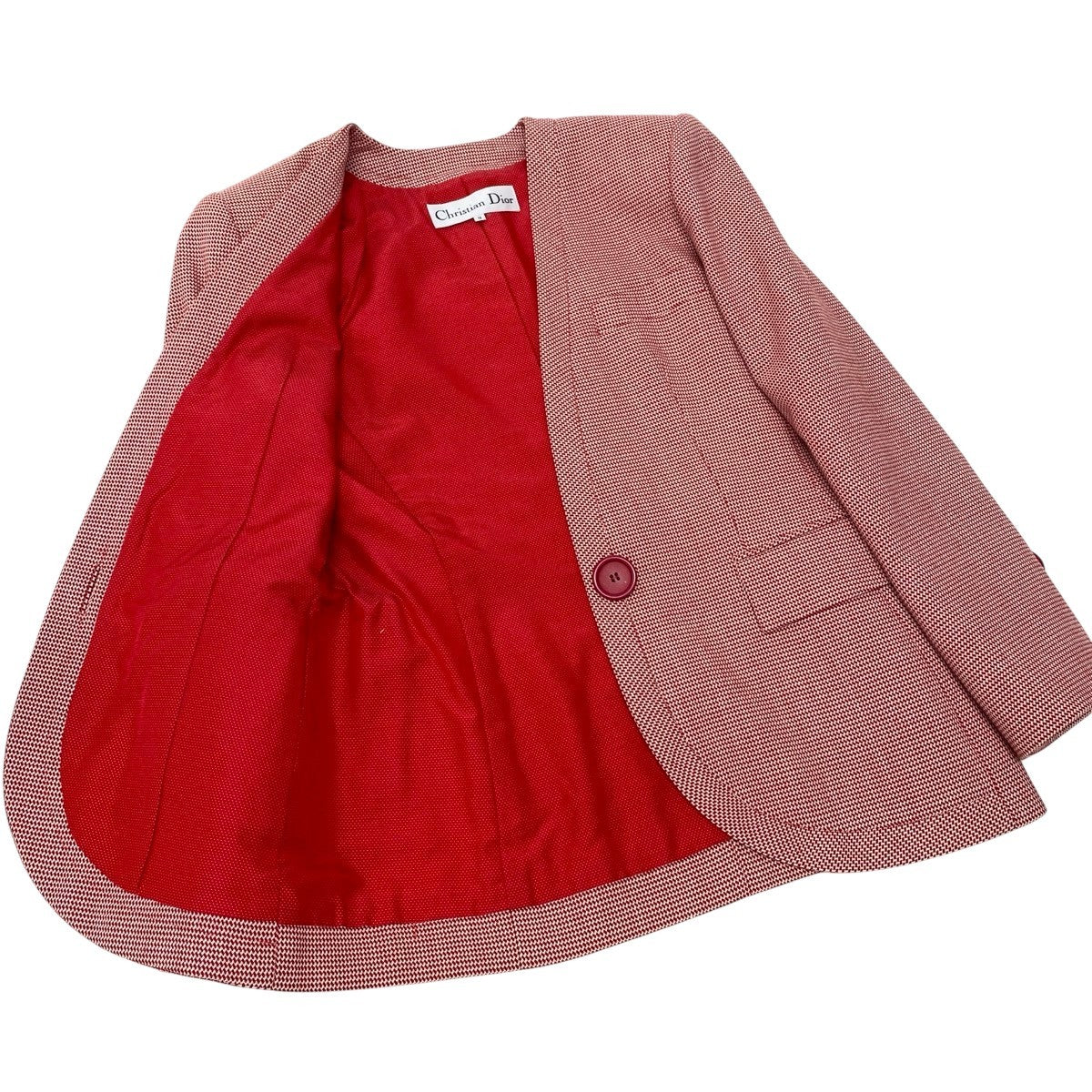 Eh10 Christian Dior クリスチャンディオール ノーカラージャケット ウールジャケット 総柄 サイズ9 レッド ホワイト レディースo07t