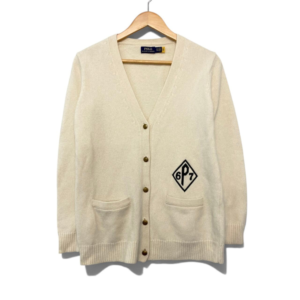 61i14 POLO RALPH LAUREN ポロラルフローレン ニットカーディガン ロゴ刺繍 ゴールドボタン XXSサイズ アイボリー ウール100％ レディース 女性用u02t