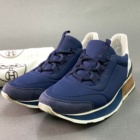 1g29《美品》 HERMES エルメス MILES マイルス スニーカー 37 1/2 ネイビー シューズ イタリア製 保存袋付き
