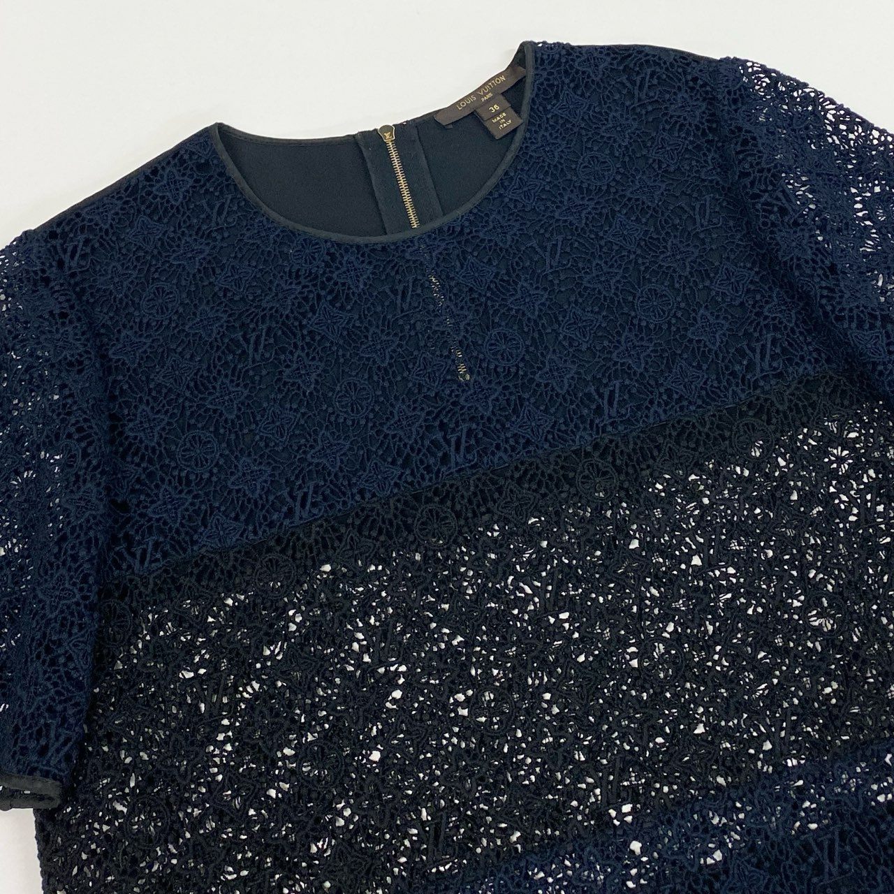 Eb19 LOUIS VUITTON ルイヴィトン モノグラム レースカットソー ショートスリーブ トップス 総柄 切替デザイン レディース Monogram Lace Top サイズ36 ネイビー ブラックt18r