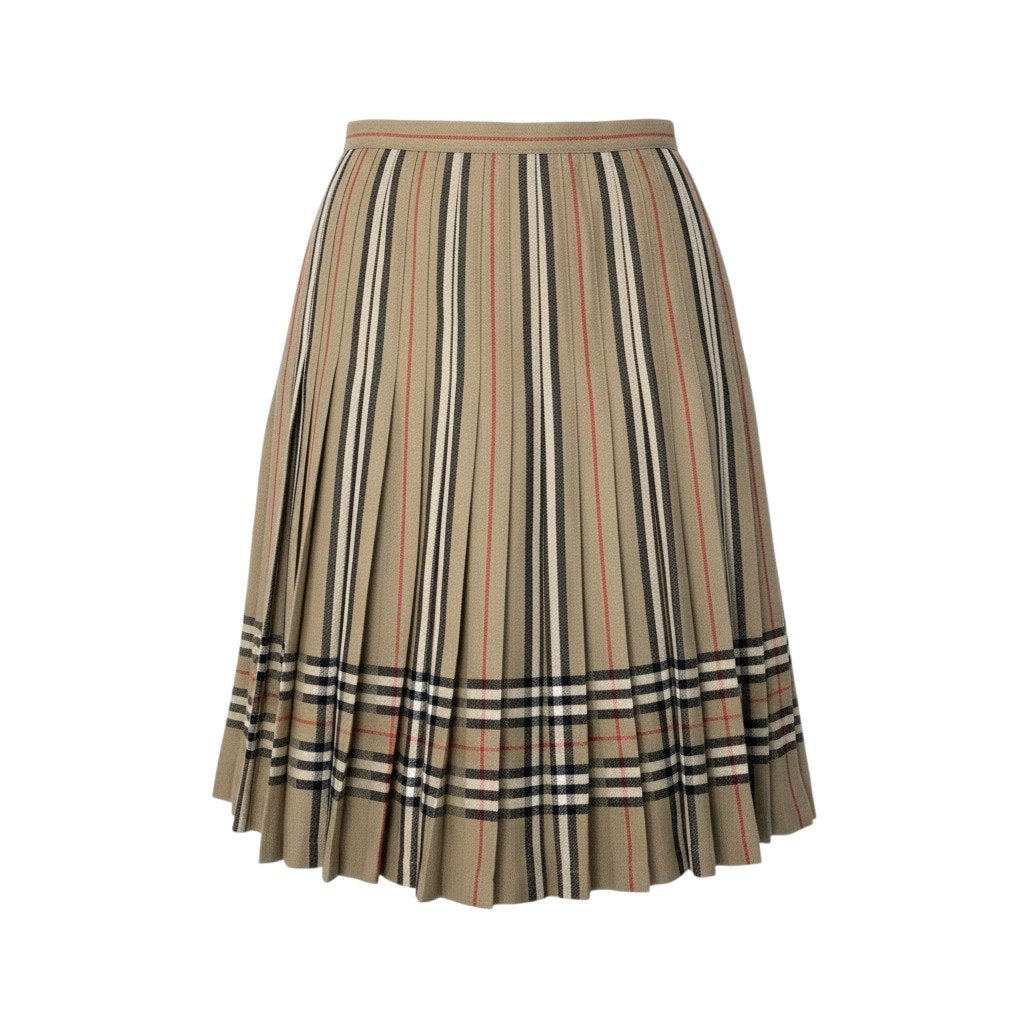 Ii27 BURBERRY バーバリー プリーツ ギャザースカート ボトムス ノバチェック ストライプ MADE IN UK 14 ブラウン系 ウール レディースo07t