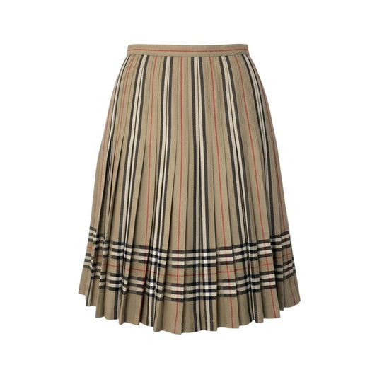 Ii27 BURBERRY バーバリー プリーツ ギャザースカート ボトムス ノバチェック ストライプ MADE IN UK 14 ブラウン系 ウール レディースo07t