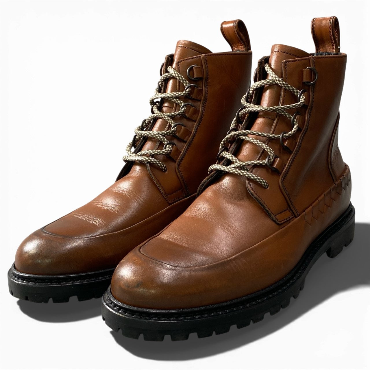2a23 Bottega Veneta ボッテガヴェネタ イントレディテール レザーブーツ ワークブーツ レースアップ ムートンインソール付 イタリア製 メンズ 紳士靴 サイズ41 ブラウン leatheru02t