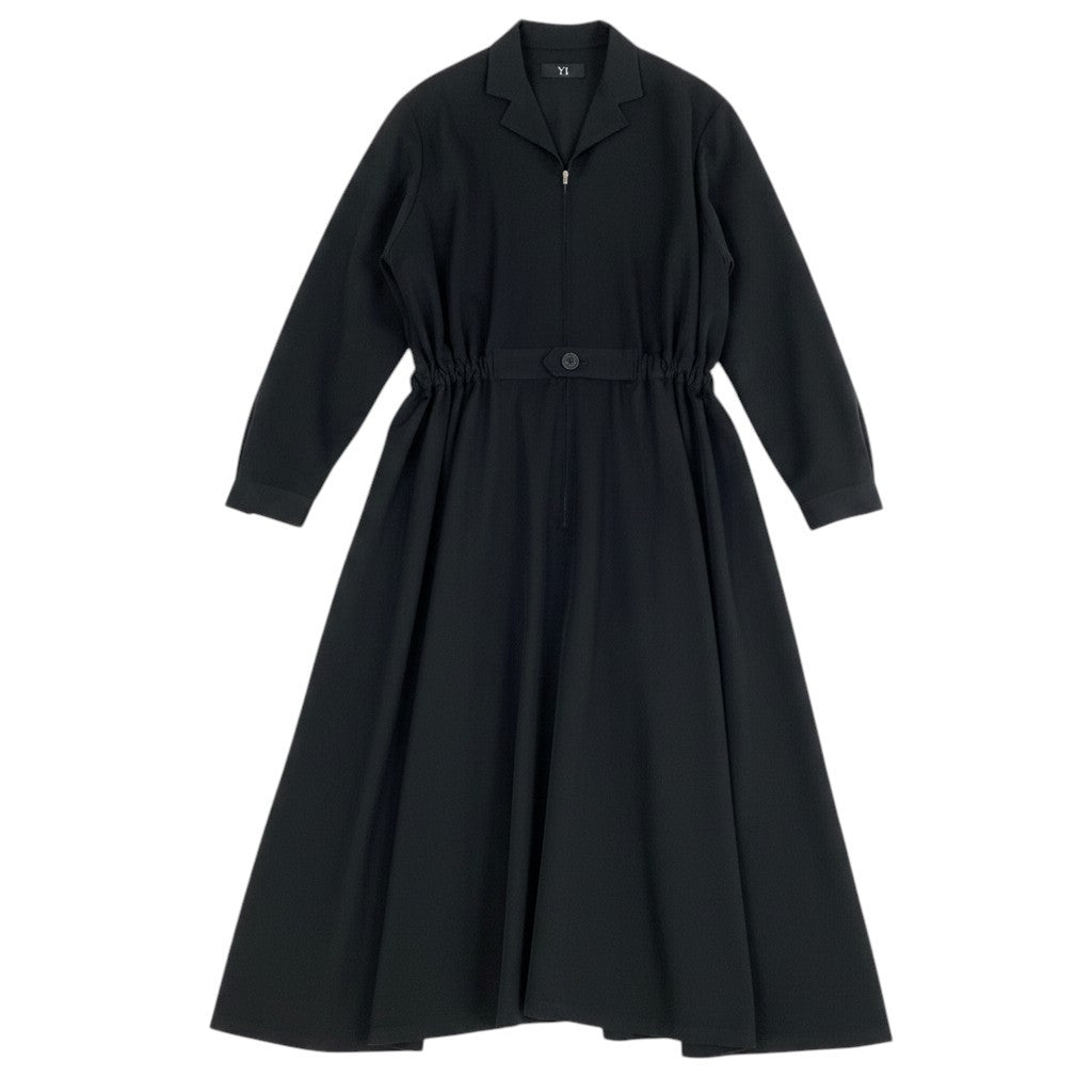 Ae25 【美品】 Y`s ワイズ YOHJI YAMAMOTO ヨウジヤマモト ギャバジン ウエストシェイプ ロングスリーブワンピース YF-D03-100 ブラック ウール100％ レディースta1