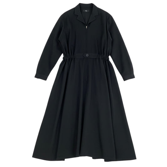 Ae25 【美品】 Y`s ワイズ YOHJI YAMAMOTO ヨウジヤマモト ギャバジン ウエストシェイプ ロングスリーブワンピース YF-D03-100 ブラック ウール100％ レディースta1