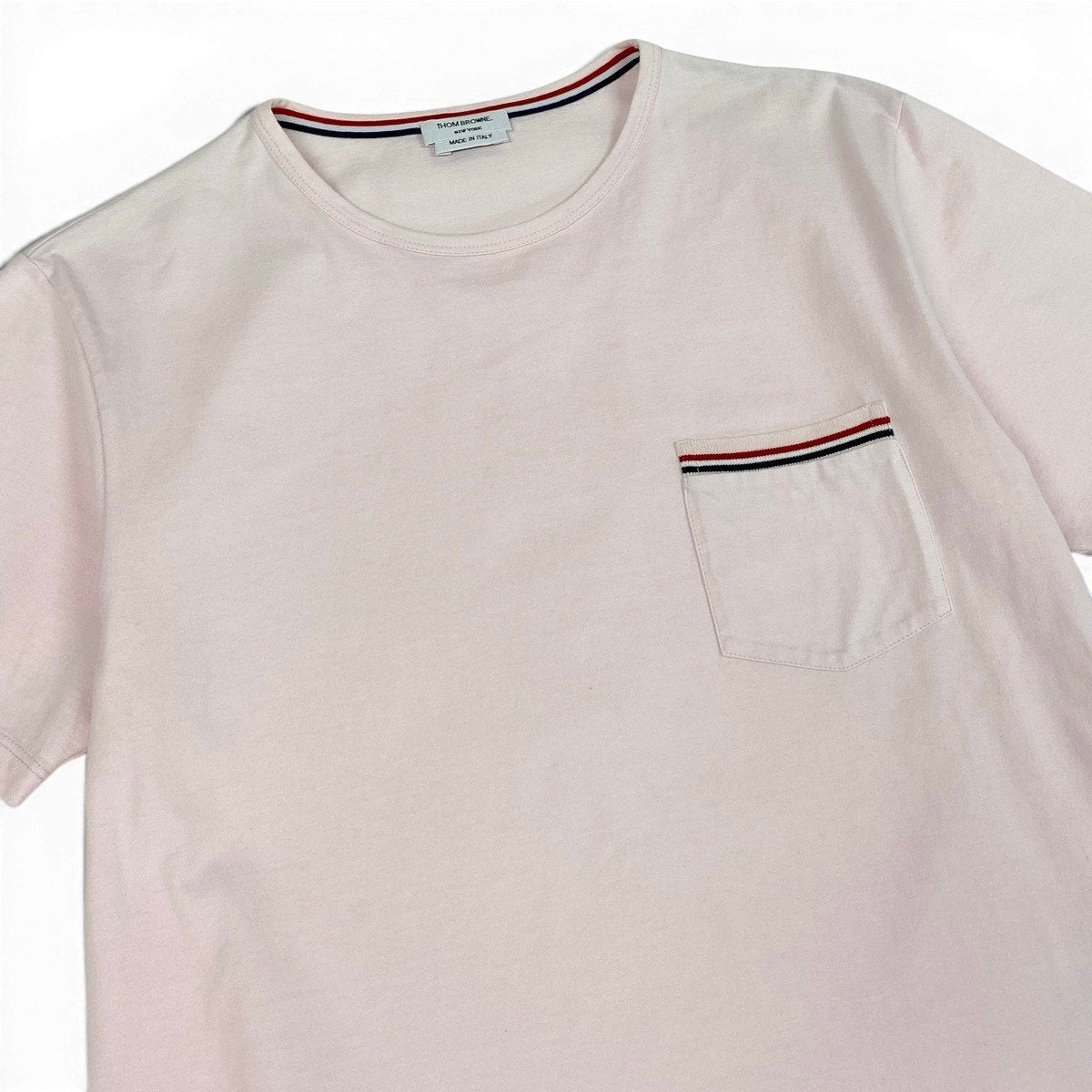 Mg16 THOM BROWNE. トムブラウン クルーネック ポケットTシャツ グログランテープ サイズ1 ピンク コットン100％ メンズ 紳士服u02t