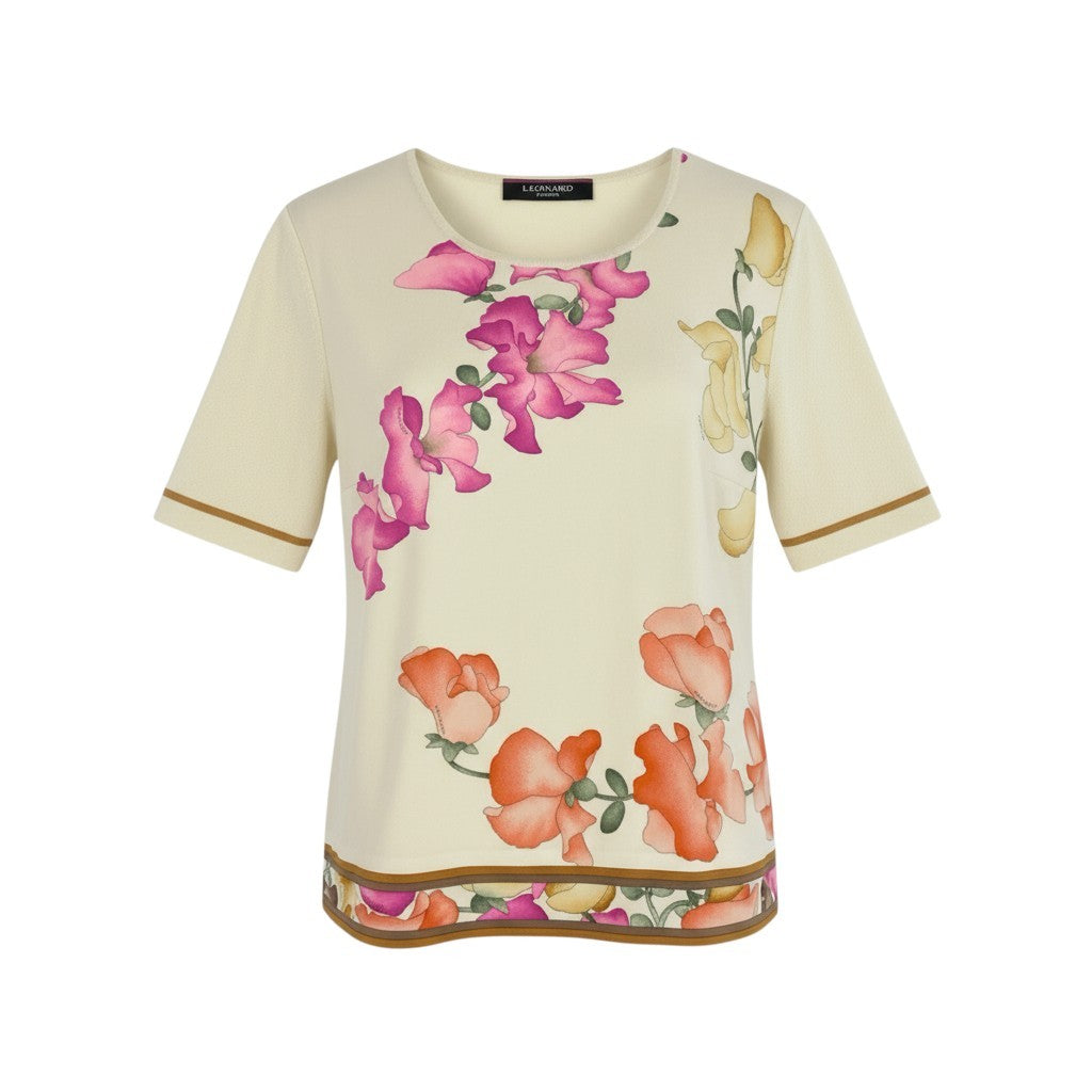 4k7 LEONARD FASHION レオナール ニットセーター 半袖ニット 美しい花柄プリント 切替ニット カンカン素材 レディース 女性用 L アイボリーo07t