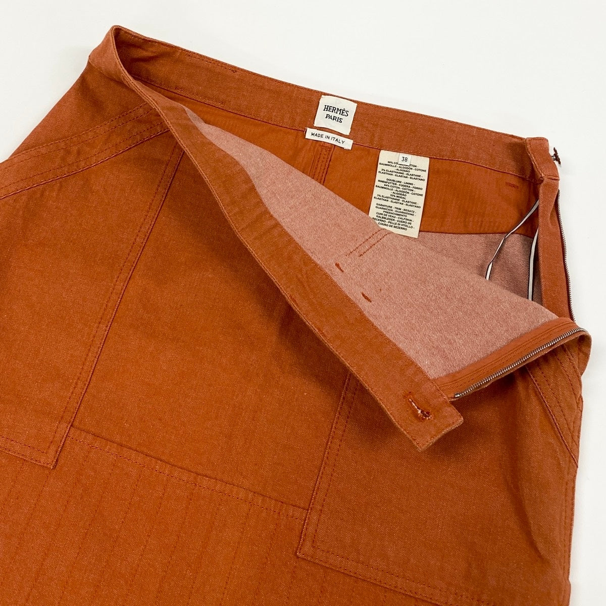 Ef27 【美品】 HERMES エルメス デニムスカート ミニスカート ステッチ サイズ38 オレンジ レディースk02i