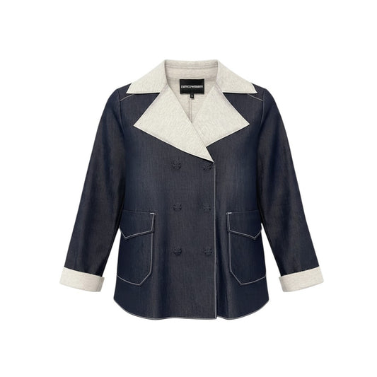 57j22 EMPORIO ARMANI エンポリオアルマーニ ダブルブレスト ジャケット デニム 切替 38 インディゴ ライトグレー コットン レディースo07t