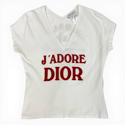 Id10 Christian Dior クリスチャンディオール ガリアーノ期 J'ADORE ロゴ Vネック Tシャツ  3H16155400 40 ホワイト コットン レディースu02t