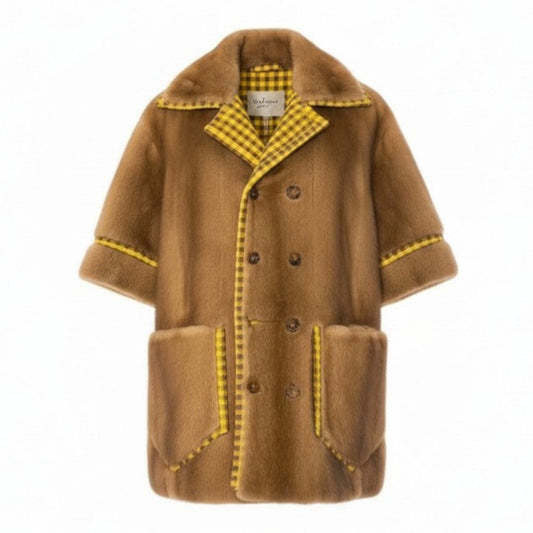 E FENDI フェンディ パステルミンクファー リバーシブル ファーコート ジャケット チェック 36 ブラウン イエローnu1