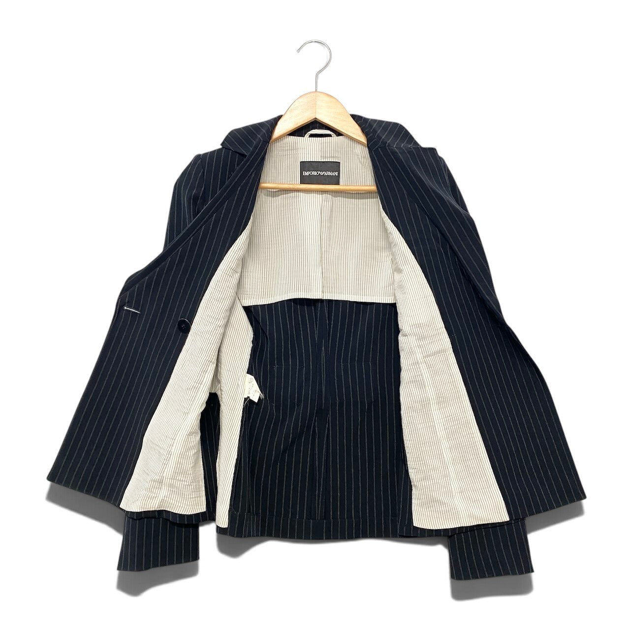 48i1 EMPORIO ARMANI エンポリオアルマーニ バックベルト テーラードジャケット ダブルブレスト ストライプ柄 ネイビー レディース 女性用u02t