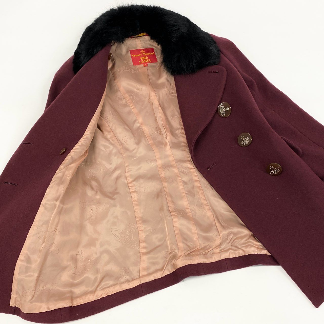 74i8 Vivienne Westwood RED LABEL ヴィヴィアンウエストウッド レッドレーベル オリゾンティ期 オーブボタン ラビットファー襟 ショートコート ジャケット 日本製 2 ボルドー ウール ナイロン レディースk02i