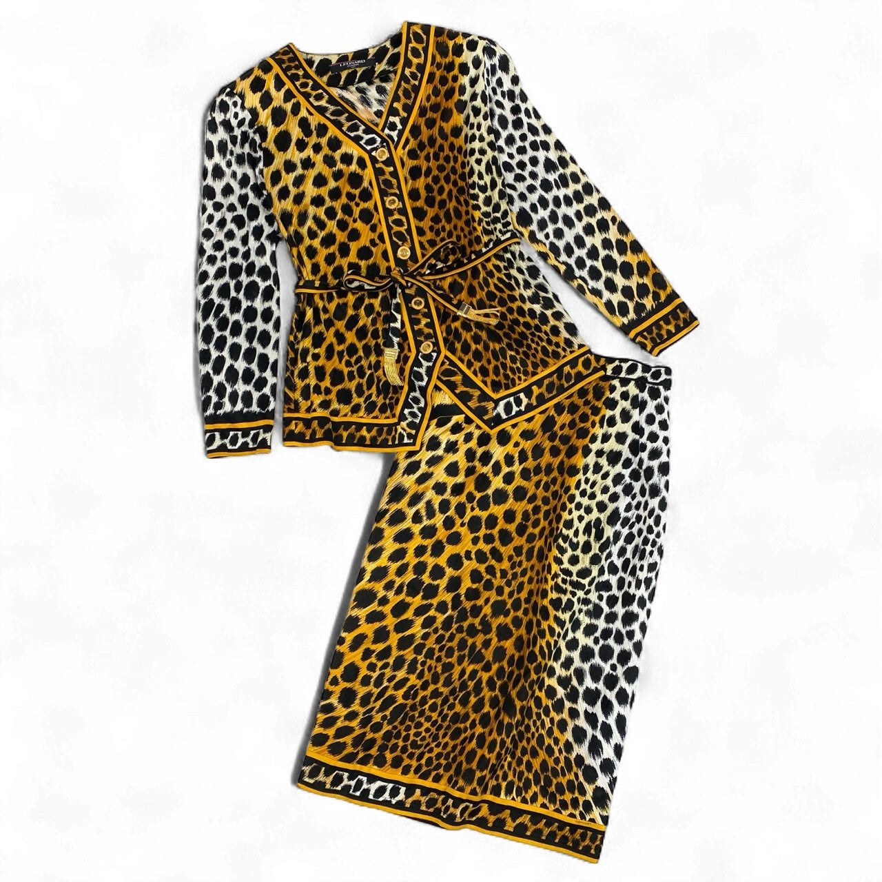 3k19《美品》 LEONARD FASHION レオナール セットアップスカート ノーカラージャケット タイトスカート アニマル柄 総柄 レディース 女性用 Ｍ マルチカラー コットン100％u02t