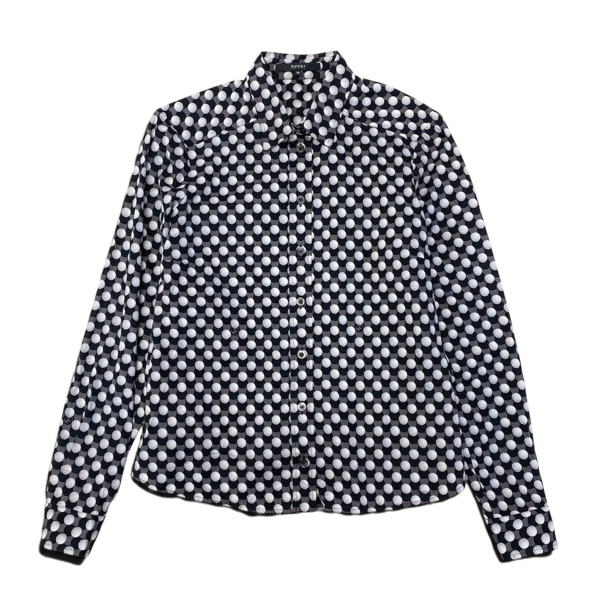 37i26 【美品】GUCCI グッチ ロングスリーブシャツ インターロッキングG ゴルフボール イタリア製 38サイズ ブラック ホワイト レディース 女性用u02t