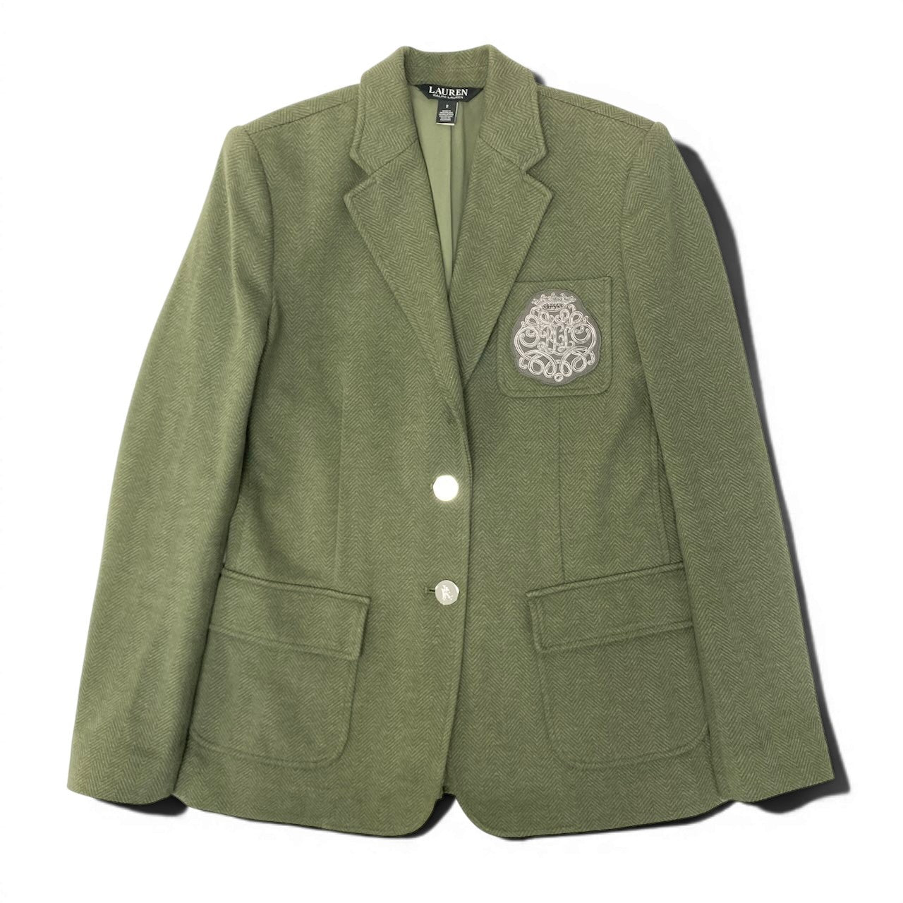 50e8【美品】 LAUREN RALPH LAUREN ローレン ラルフローレン ブリオンストレッチ コットンジャガード ブレザー テーラードジャケット ロゴパッチ 刻印ボタン サイズ２ カーキ レディース 女性用u02t