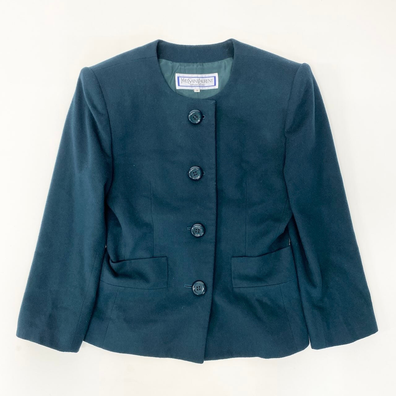 33f15 YVES SAINT LAURENT イヴサンローラン ノーカラージャケット ウールジャケット サイズS ダークグリーン レディース 女性用u02t