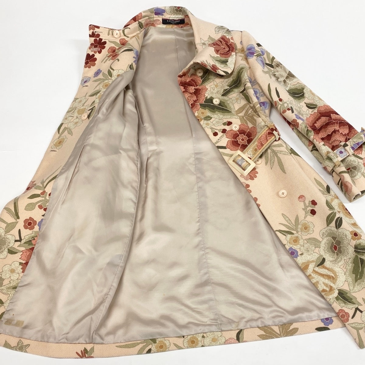 22i15 LEONARD レオナール ウールコート ロングコート カシミヤ混 花柄 ベルテッドコート 0328304 11AR ベージュ マルチカラー レディース 女性用u02t