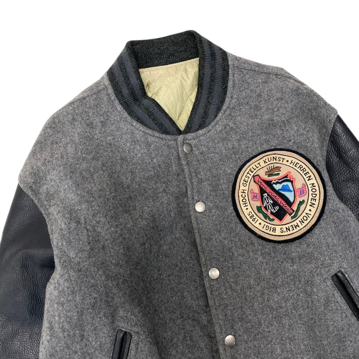 7j19 MEN’S BIGI メンズビギ レザー切替 ワッペン スタジャン サイズM グレー ブラック 刺繍 Vintage ヴィンテージt18r