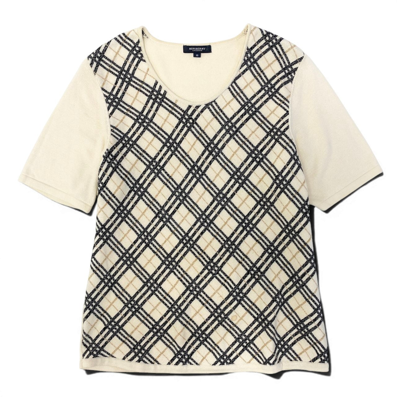 59d28 BURBERRY LONDON バーバリー 半袖 ニットセーター コットンニット チェック柄 サイズ13 アイボリー系 綿100％ レディース 女性用u02t