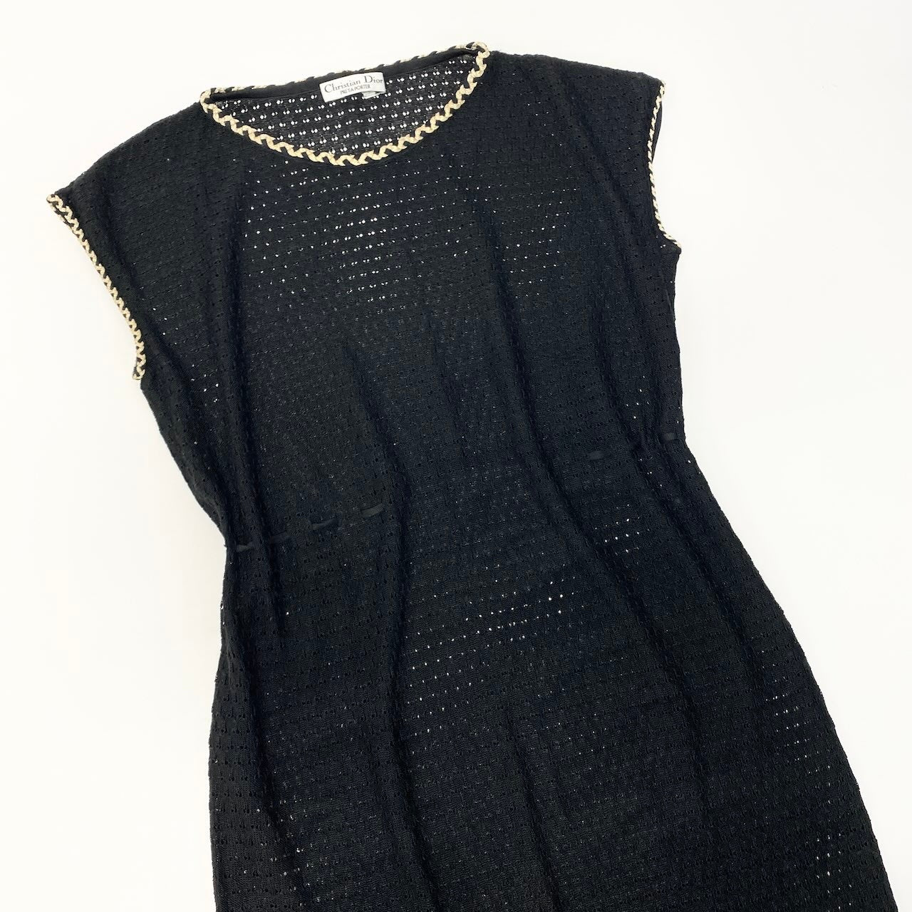 24c16 Christian Dior クリスチャンディオール ニットワンピース  ウエストリボン カギ編み 膝丈 ブラック ゴールド レディース 女性用o07t
