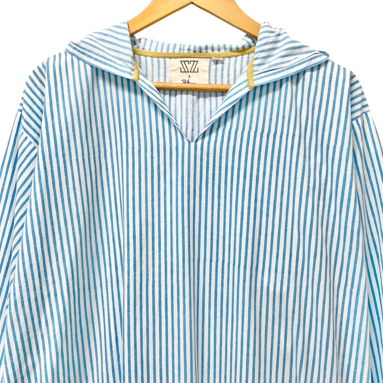 75b26 Ron Herman×SZ Blockprints ロンハーマン SZブロックプリント フーディーロングスリーブワンピース ロングワンピース ストライプ 3510300579 Sサイズ ホワイト ブルー コットン100％ レディース 女性用u02t