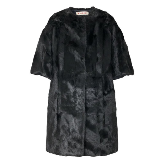 Ef8 MARNI マルニ ノーカラー ファーコート 七分袖 ロング丈 キッドファー サイズ38 イタリア製 ブラック レディース 女性用u02t