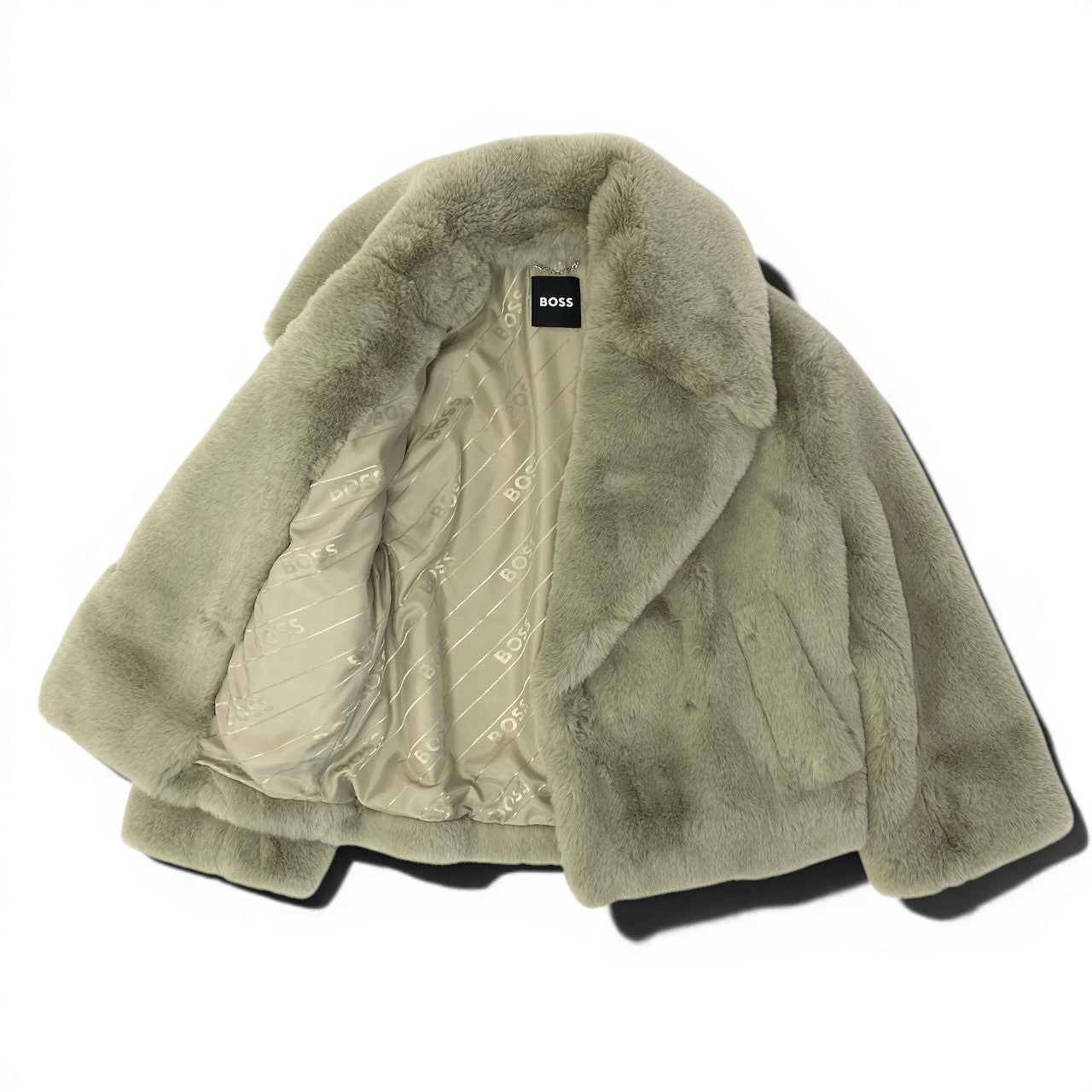 43e11 【美品】HUGO BOSS ヒューゴボス フェイクファージャケット ジャケットコート アウター 36サイズ ベージュ ポリエステル100％ レディース 女性用u02t