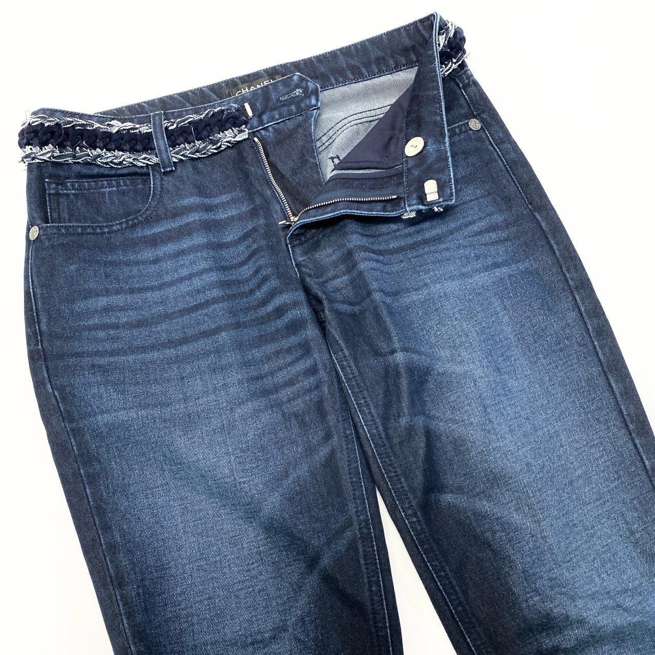 76a28 CHANEL シャネル P52309 2016 編み込みデザイン 裾ジップ付き デニムパンツ ジーンズ ボトム サイズ36 インディゴ レディース パンツta1