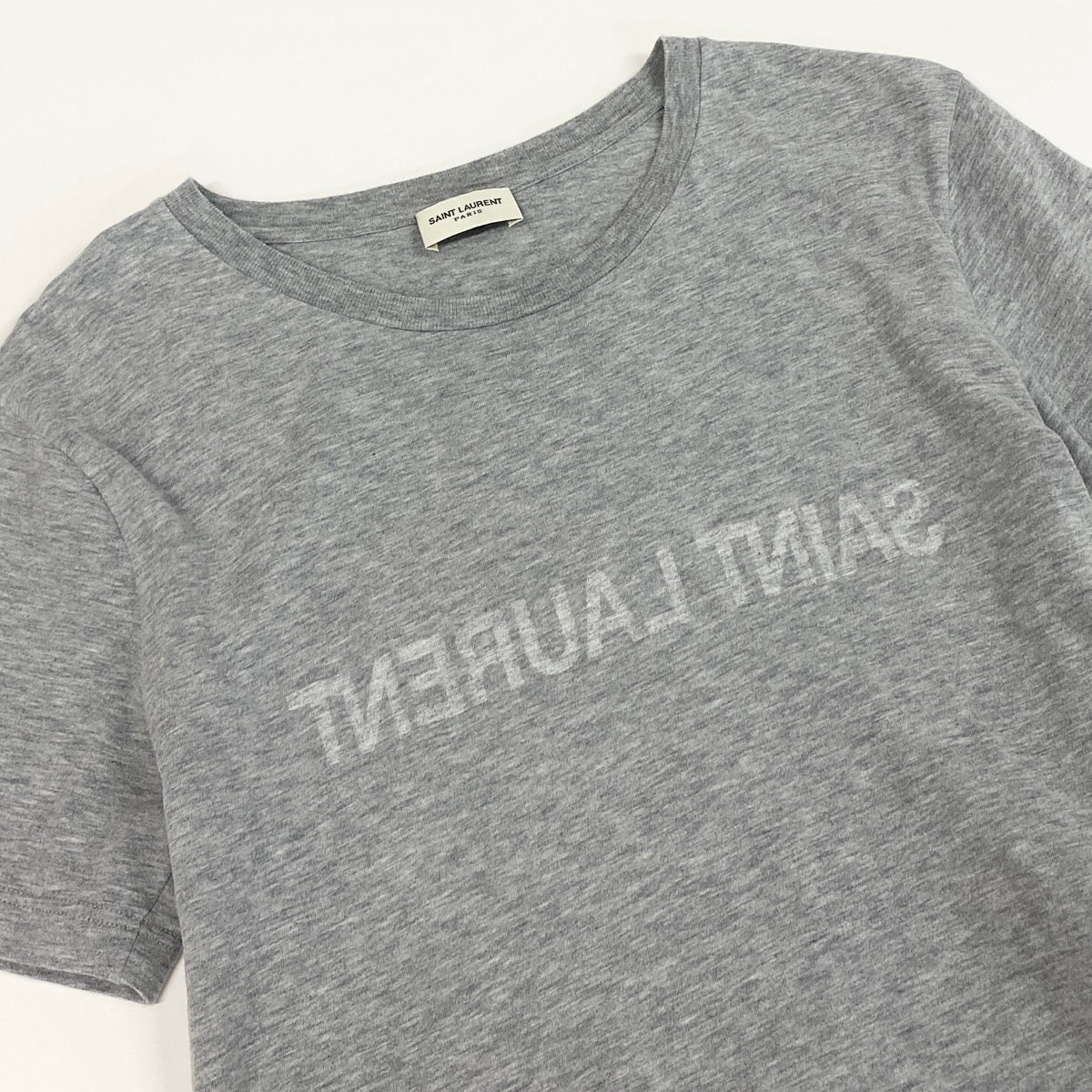 Ie29  SAINT LAURENT サンローラン リバースロゴプリント クルーネック 半袖Tシャツ サイズM グレー コットン100％ レディース 女性服u02t