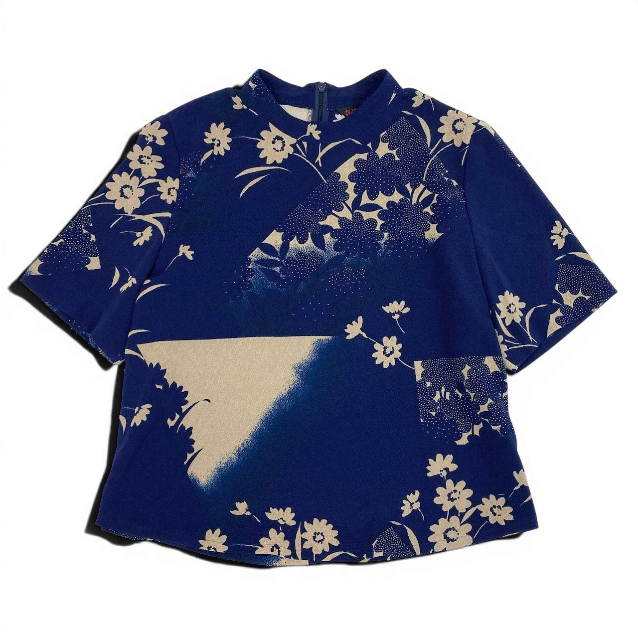 48d16 【美品】 詩仙堂 BY HITOSHI シセンドウ ちりめん 半袖カットソー トップス 花柄プリント ネイビー ポリエステル100％ レディース 女性用u02t