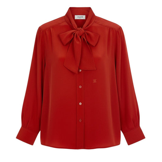 Eb20  CELINE  セリーヌ ボウタイブラウス シャツ トリオンフ刺繍 38 レッド シルク レディースu02t