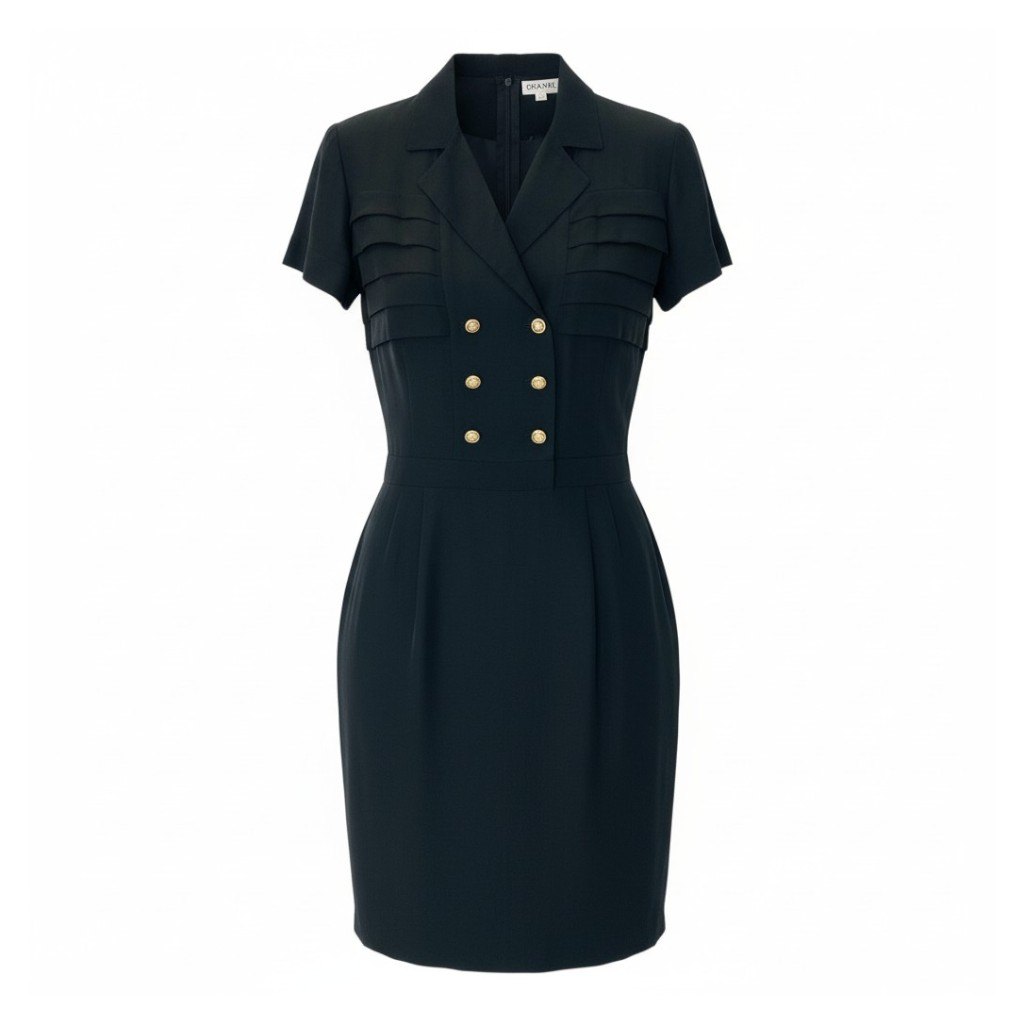 C CHANEL シャネル ヴィンテージ 1989P シルクドレスワンピース ダブルボタン 金ボタン 36サイズ ブラック系 シルク100％ レディース 女性用nu1