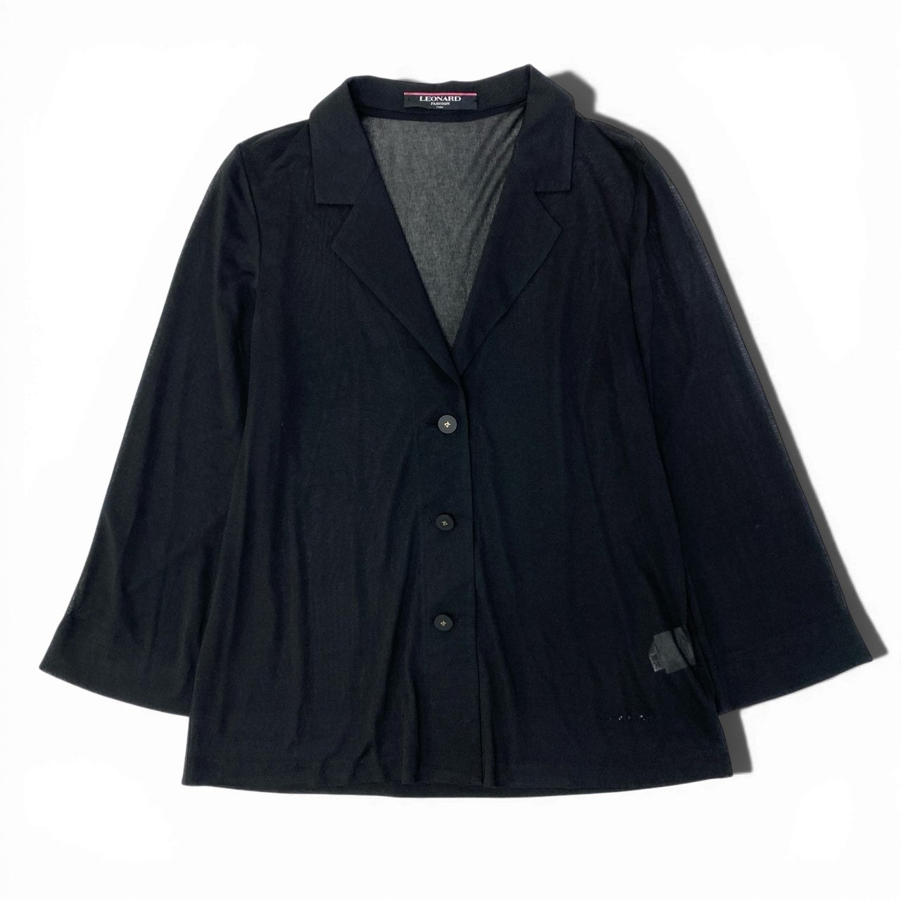 60c6 LEONARD レオナール カンカン素材 薄手カーディガン ラインストーンロゴ LL ブラック レディースu02t