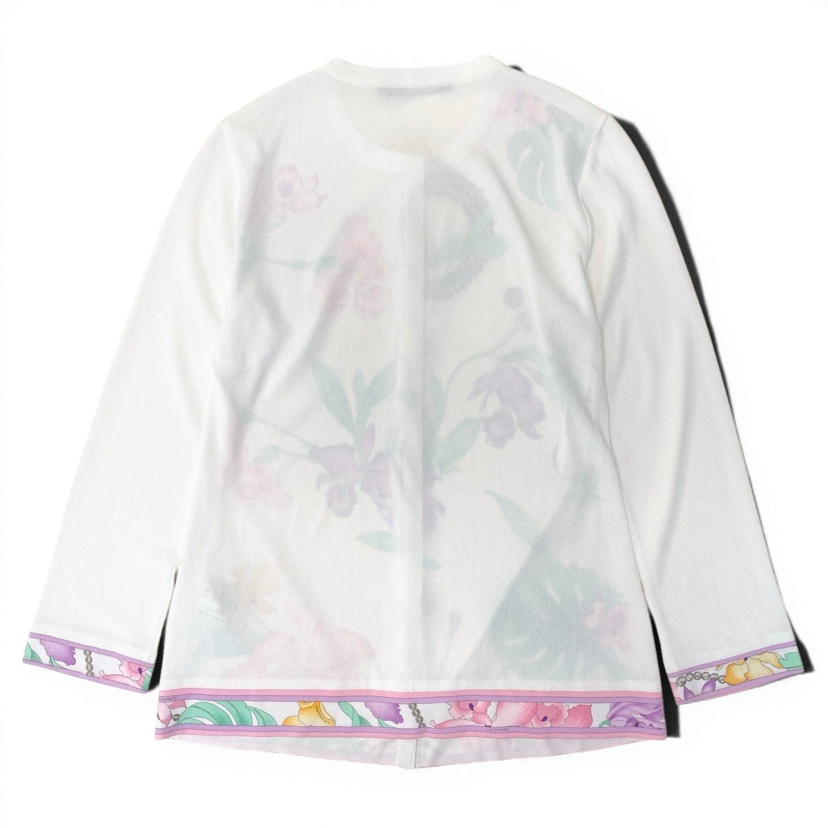 27f17 【美品】LEONARD レオナール ロングスリーブカーディガン カンカン切替 チュニック丈 美しい花柄プリント 0197764 38サイズ ホワイト レディース 女性用u02t