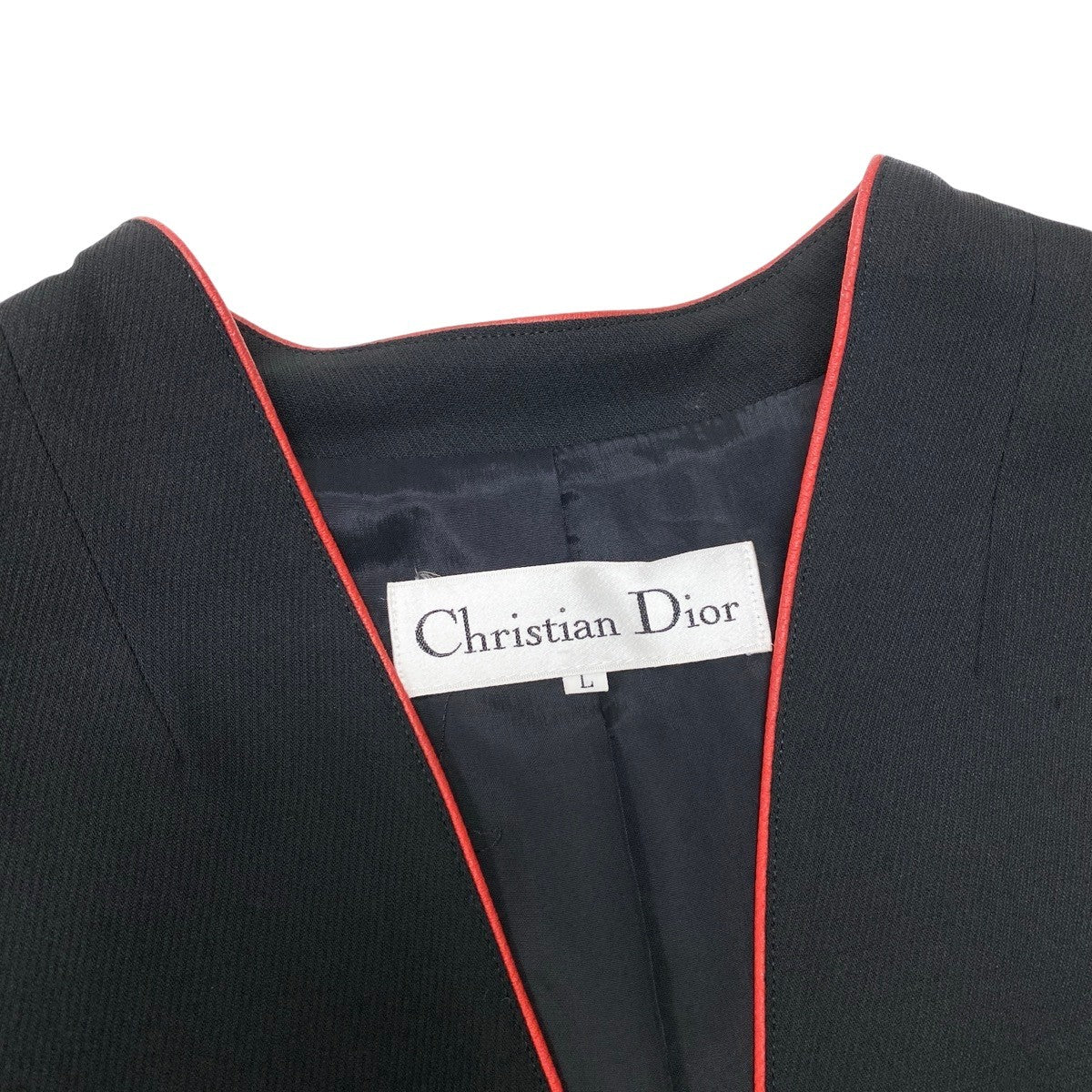 54h21 Christian Dior クリスチャンディオール ノーカラージャケット テーラードジャケット パイピングデザイン サイズL ブラック レッド レディースo07t
