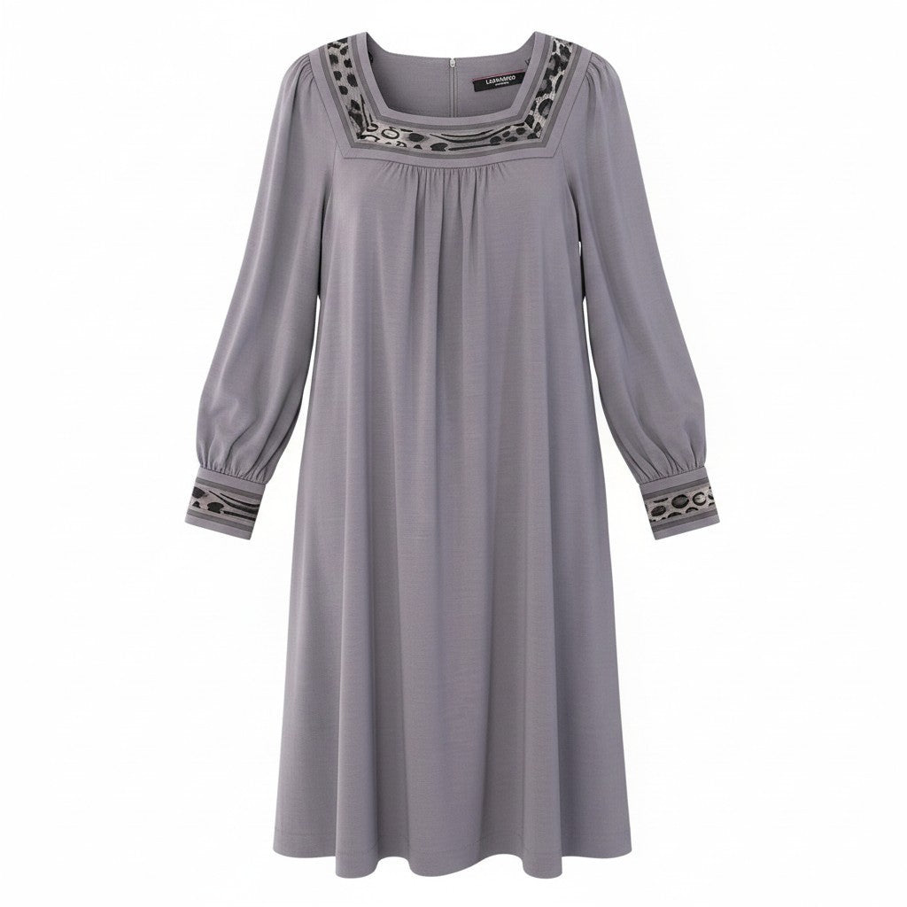 65e7 LEONARD FASHION レオナール スクエアネック 膝丈ワンピース ロングスリーブ サイズL グレー系 レディース 女性服o07t