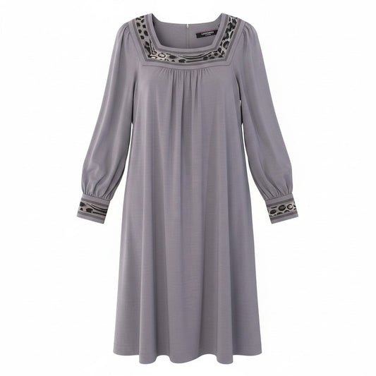 65e7 LEONARD FASHION レオナール スクエアネック 膝丈ワンピース ロングスリーブ サイズL グレー系 レディース 女性服o07t