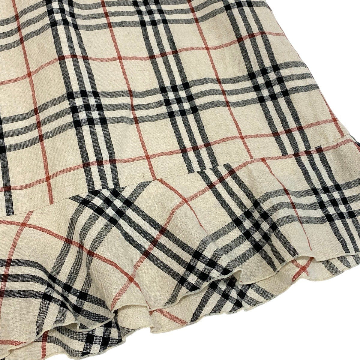 Ig19 BURBERRY LONDON BLUE LABEL バーバリーロンドン ブルーレーベル ノバチェック 裾フリル 膝丈スカート リネンブレンド サイズ38 ベージュ レディースo07t