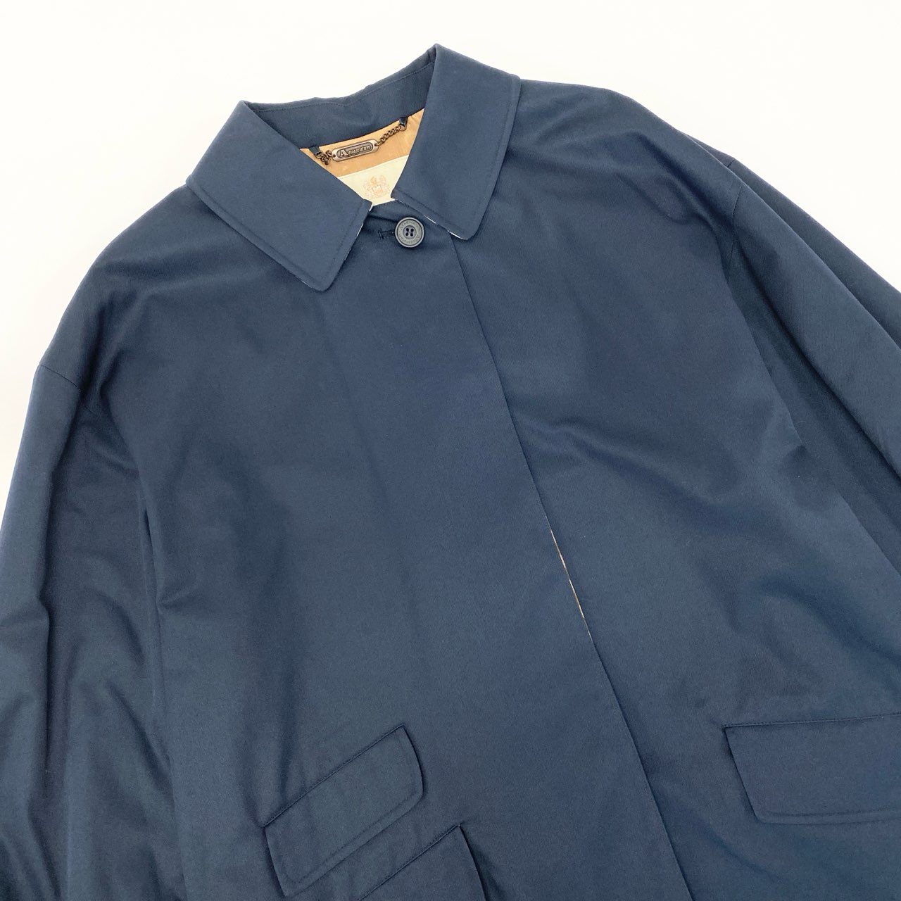 51Ⅼ2《美品》 Aquascutum OF LONDON アクアスキュータム 英国製 ステンカラーコート 切替チェック柄 比翼ボタン レディース 女性用 M ネイビー コットン100％u02t