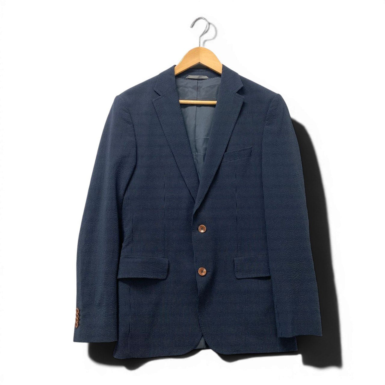 83e15 HUGO BOSS ヒューゴボス スーツセットアップ シアサッカー テーラードジャケット スラックス ストライプ 44サイズ ネイビー メンズ 男性用u02t
